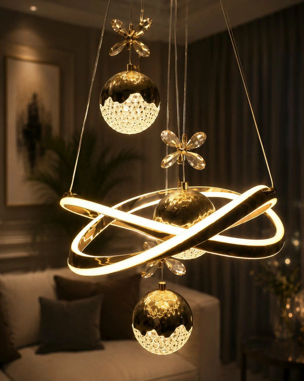 Gold Diamond Orbit Pendant – installed
