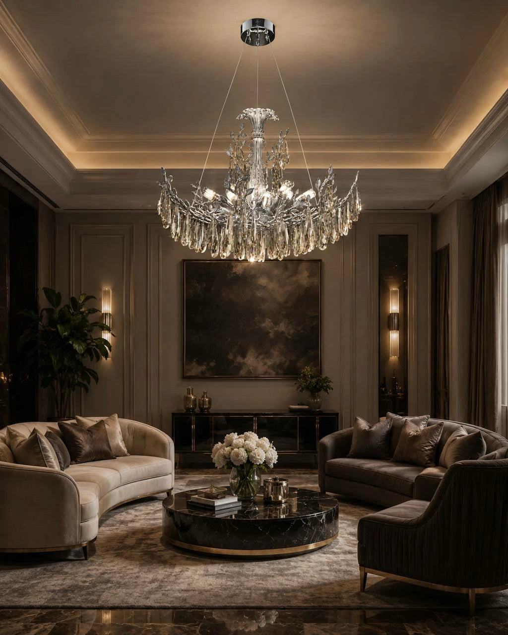 Crystal Leaf Silver Chandelier