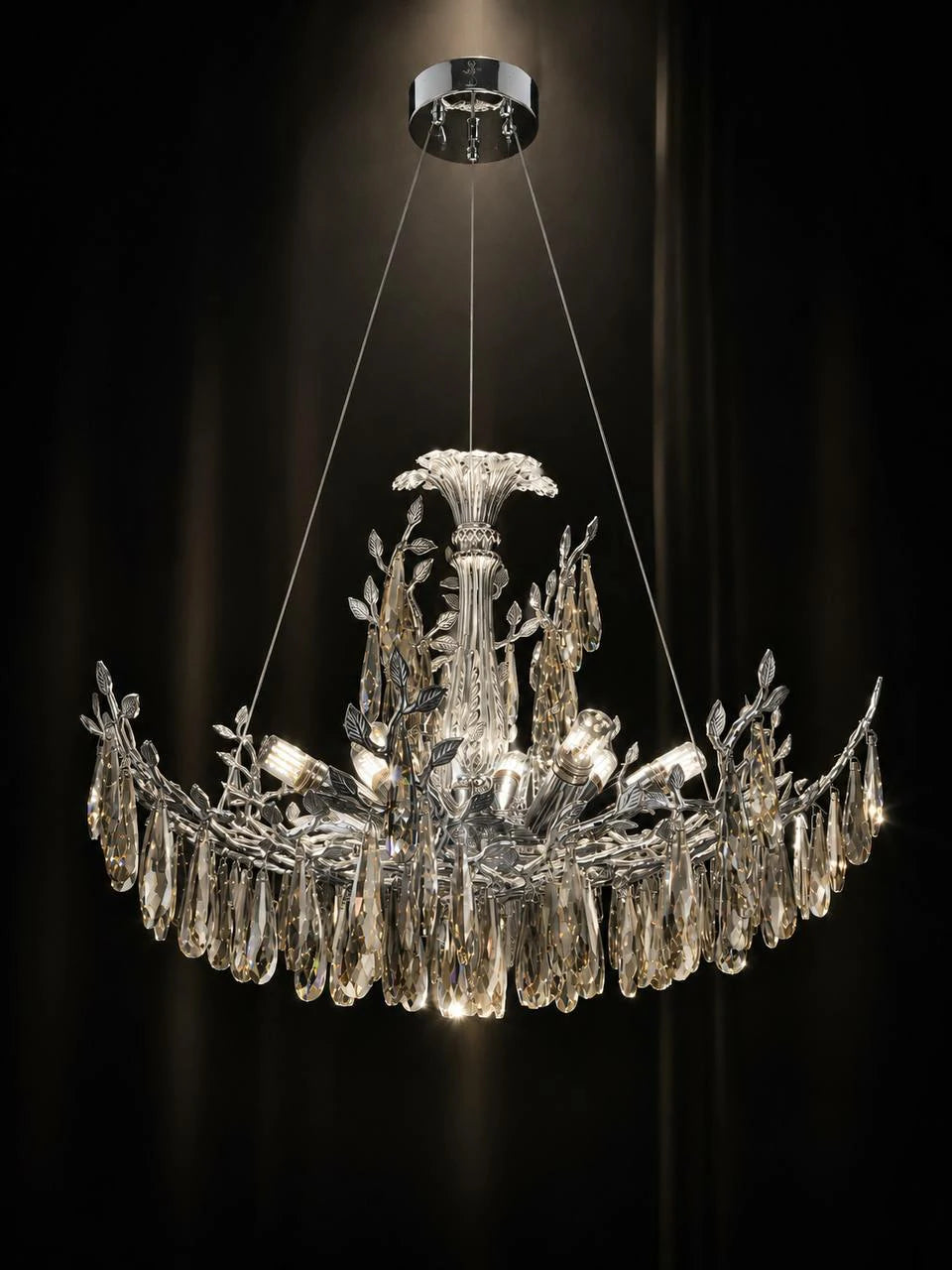Crystal Leaf Silver Chandelier – installed